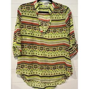 Wishful Park 3/4 Sleeve Sheer Top Women's Sz Medium Green Aztec